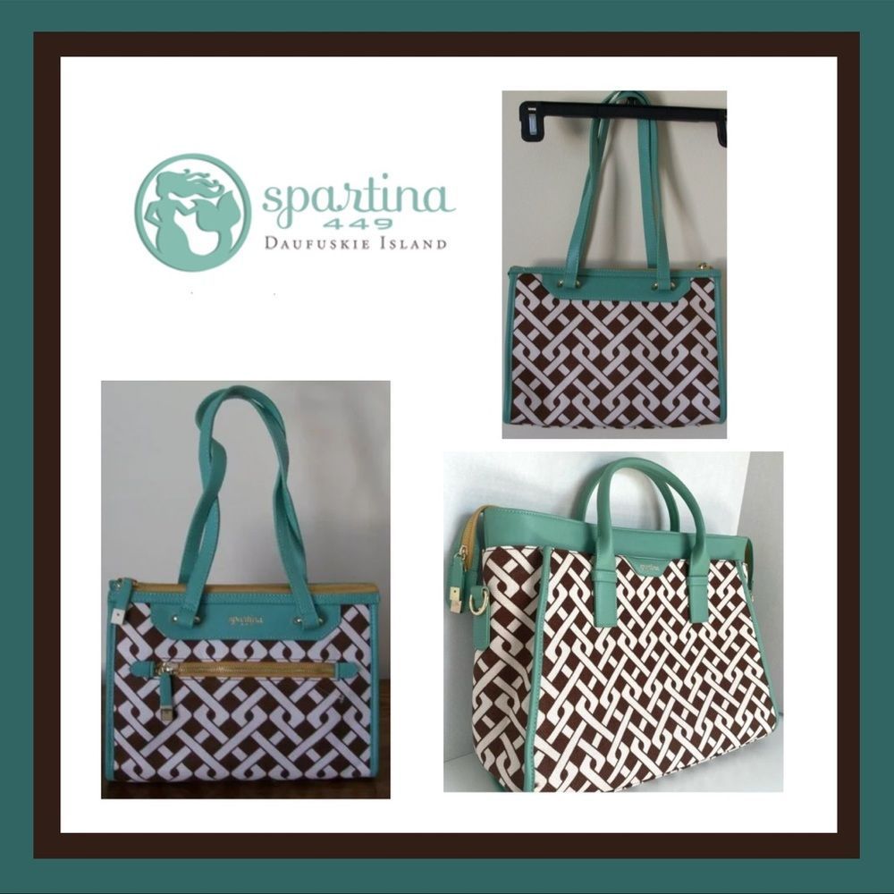 Spartina 449 Daufuskie Island Linen Brown/Cream Tote w/Turquoise Leather Trim